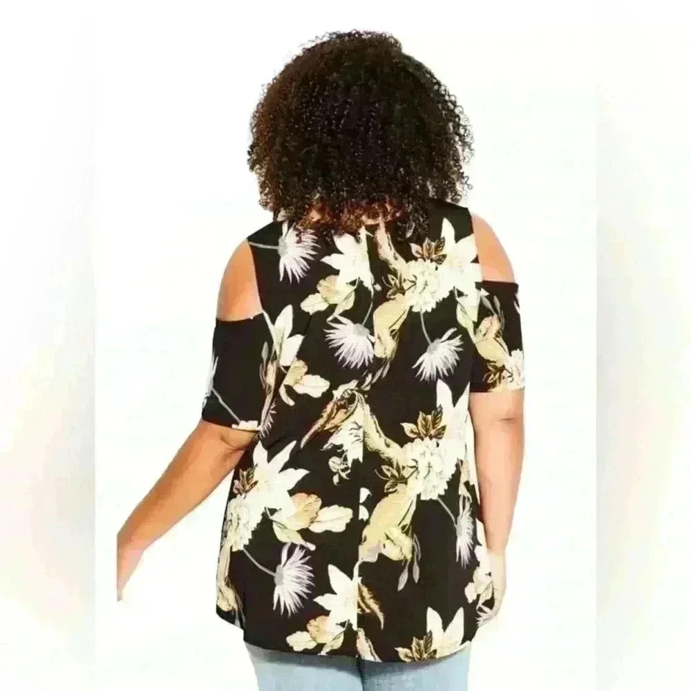 🆕City Chic Black Floral Cold Shoulder Print Top - Picture 3 of 13